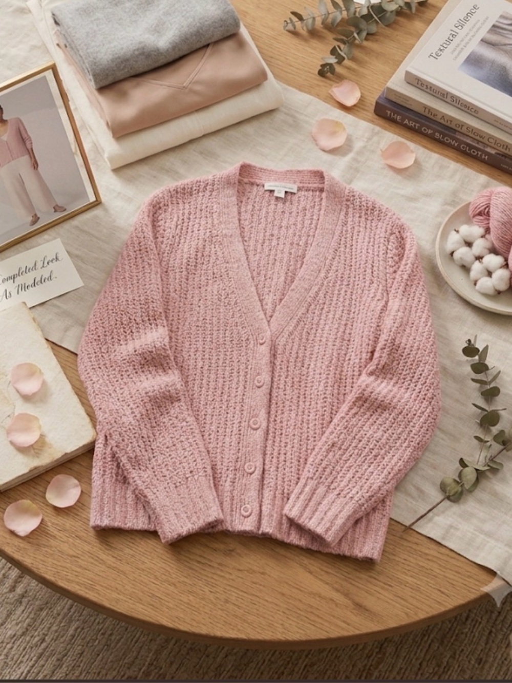 EILEEN FISHER Organic Cotton Fluff V-Neck Cardigan Cashmere blend Pink Powder XL